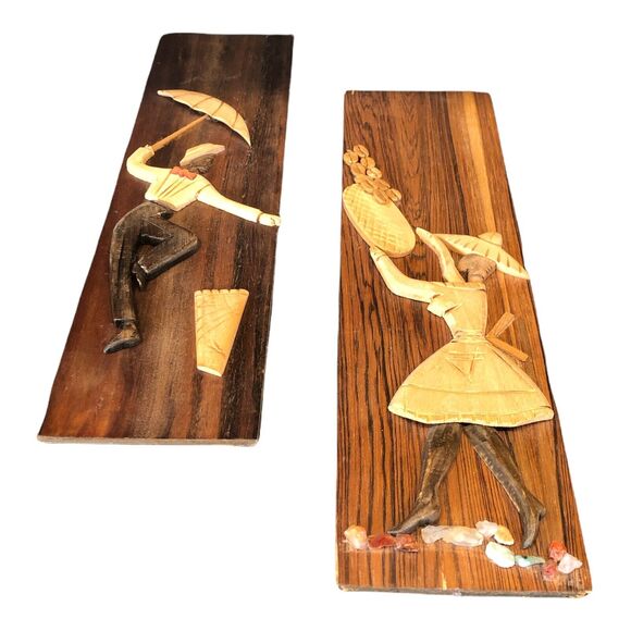 Vintage African Set Girl & Boy Folk Art Scroll Cut Hand Carved Wood Plaque RARE - Picture 1 of 5